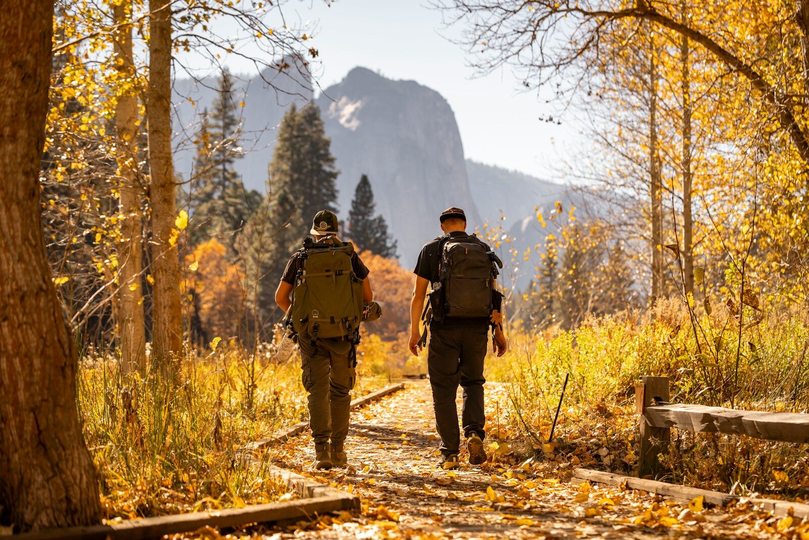 Two hikers walk on a path in autumn woods.